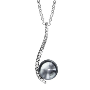 Collier en argent rhodié chaîne avec pendentif vague d’oxydes blancs sertis avec perle grise de synthèse 40cm + 4cm