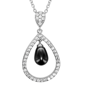 Collier en argent rhodié chaîne avec pendentif goutte suspendue ornée d’oxydes blancs et perle grise de synthèse – longueur 40cm + 4cm