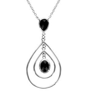 Collier en argent rhodié chaîne avec pendentif oxyde noir retenant 2 gouttes en fil suspendues et oxyde ovale noir suspendu au milieu – longueur 40cm + 4cm de rallonge