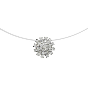 Collier en argent rhodié fil en nylon avec pendentif fleur en oxydes blancs - longueur 42cm