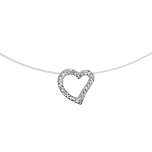 Collier en argent rhodié fil en nylon avec pendentif coeur asymétrique évidé orné d’oxydes blancs – longueur 42cm