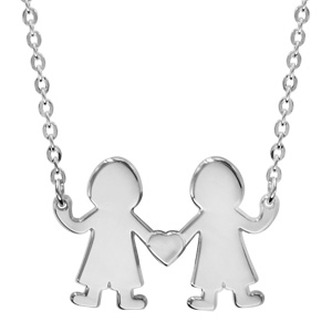 collier en argent chaîne avec pendentif 2 petitd garçons reliés par un coeur au milieu possibilité de gravure- longueur 40cm + 4cm de rallonge