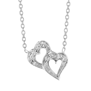 Collier en argent rhodié chaîne avec pendentif 2 coeurs évidés superposés et ornés d'oxydes blancs -