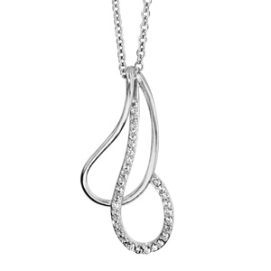 Collier en argent rhodié chaîne avec pendentif 2 gouttes évidées et croisées, 1 lisse et l'autre orn