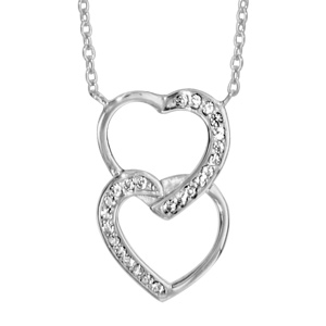 Collier en argent rhodié chaîne avec pendentif 2 coeurs emmaillés avec 1 moitié sur chaque ornée d’oxydes blancs sertis – longueur 40cm + 4cm de rallonge