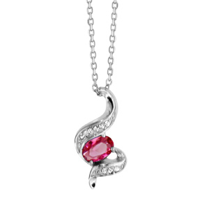 Collier en argent rhodié collection joaillerie chaîne avec pendentif oxyde ovale rouge au centre de vagues ornées d’oxydes blancs sertis – longueur 40cm + 4cm de rallonge