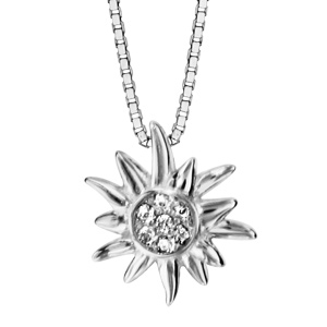 Collier en argent rhodié chaîne avec pendentif fleur d'edelweiss ornée d'oxydes blancs sertis - long
