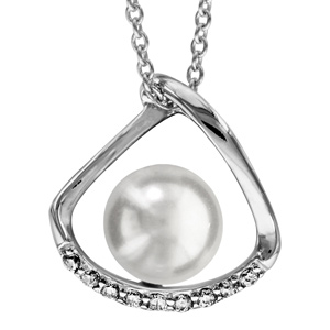 Collier en argent rhodié chaîne avec pendentif forme arrondie ouverte avec perle blanche de synthèse