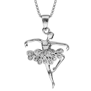 Collier en argent rhodié chaîne avec pendentif danseuse ballerine bras droits et tutu orné d’oxydes blancs sertis – longueur 42cm + 3cm de rallonge