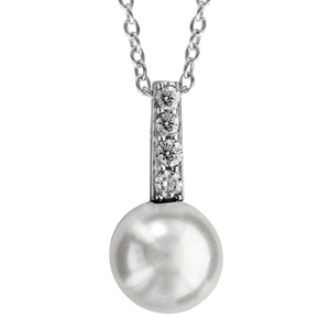 Collier en argent rhodié chaîne avec pendentif barrette d’oxydes blancs avec perle blanche de synthèse 40cm + 4cm
