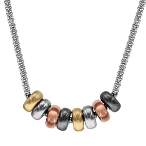Collier en argent rhodié chaîne maille pop-corn avec 8 anneaux gris, dorés roses et jaunes et rhodié