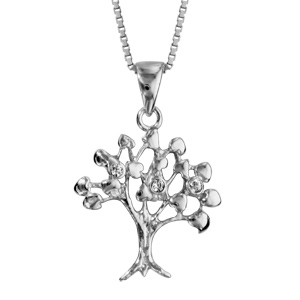 Collier en argent rhodié chaîne avec pendentif arbre de vie avec oxydes blancs sertis au bout des br