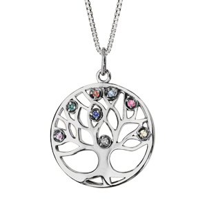 Collier en argent rhodié chaîne avec pendentif rond arbre de vie découpé et empierré multi couleurs 42+3cm