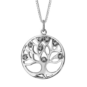 Collier en argent rhodié chaîne avec pendentif cercle suspendu avec arbre de vie découpé et orné d’oxydes blancs à l’intérieur – longueur 42cm + 3cm de rallonge
