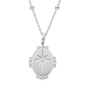Collier en argent rhodié chaîne avec médaille ovale 14mm perlée étoile 38+5cm