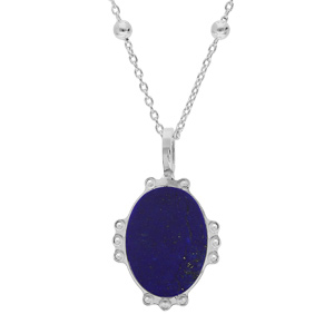 Collier en argent rhodié chaîne avec médaille ovale 14mm perlée pierre naturelle Lapis Lazulli 38+5c