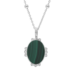 Collier en argent rhodié chaîne avec médaille ovale 14mm perlée pierre naturelle Malachite 38+5cm