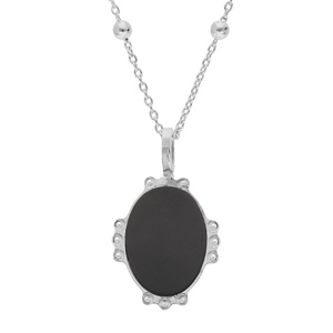 Collier en argent rhodié chaîne avec médaille ovale 14mm perlée pierres naturelles Agate noire 38+5c