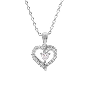 Collier en argent rhodié chaîne avec pendentif coeur contour oxydes blancs 42+3cm