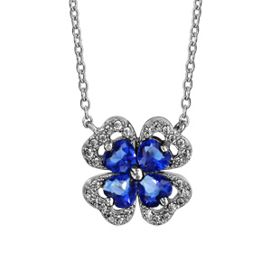 Collier en argent rhodié collection joaillerie chaîne avec pendentif trèfle à 4 feuilles en oxydes bleus avec contours en oxydes blancs sertis – longueur 40cm + 4cm de rallonge