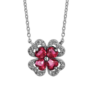 Collier en argent rhodié collection joaillerie chaîne avec pendentif trèfle à 4 feuilles en oxydes rouges avec contours en oxydes blancs sertis – longueur 40cm + 4cm de rallonge