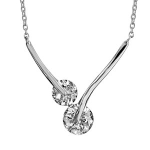 Collier en argent rhodié chaîne avec pendentif 2 baguettes lisses avec 1 oxyde rond blanc à chaque extrémité et qui se rejoignent – longueur 40cm + 4cm de rallonge