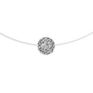 Collier en argent rhodié fil en nylon avec pendentif boule en résine et strass blancs - longueur 42c