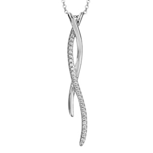 Collier en argent rhodié chaîne avec pendentif 2 brins en forme de vague, 1 lisse et l'autre orné d'