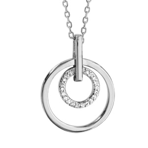Collier en argent rhodié chaîne avec pendentif 1 anneau lisse et 1 anneau orné d'oxydes blancs à l'i