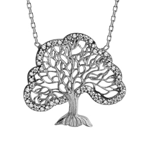 Collier en argent rhodié chaîne avec pendentif arbre de vie avec tour orné d'oxydes blanc sertis - l