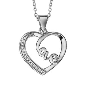 Collier en argent rhodié chaîne avec pendentif coeur évidé avec boucle « Love » à l’intérieur et oxydes blancs sertis sur 1 côté – longueur 40cm + 5cm de rallonge