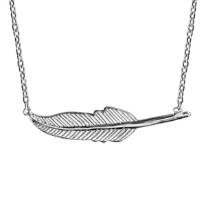 Collier en argent rhodié chaîne avec pendentif plume couchée et nervurée - longueur 38cm + 3cm de ra