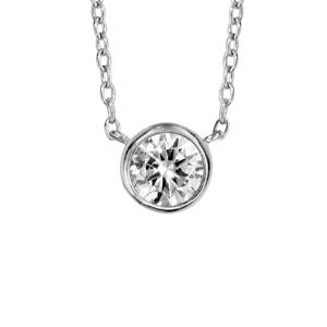Collier en argent rhodié chaîne avec pendentif oxyde rond blanc diamètre 5mm serti clos – longueur 40cm + 4cm de rallonge