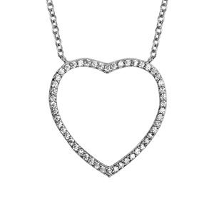 Collier en argent rhodié chaîne avec pendentif coeur fin ajouré orné d’oxydes blancs – longueur 40cm + 4cm de rallonge