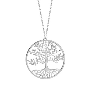 Collier en argent rhodié chaîne avec pendentif rond et arbre de vie de vie découpé à l’intérieur – longueur 42cm + 3cm de rallonge