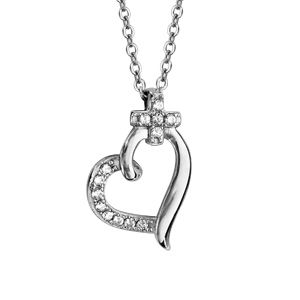 Collier en argent rhodié chaîne avec pendentif coeur avec 1 moitié lisse et l'autre ornée d'oxydes b