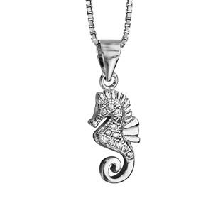 Collier en argent rhodié chaîne avec pendentif petit hippocampe orné d’oxydes blancs sertis – longueur 42cm + 3cm de rallonge