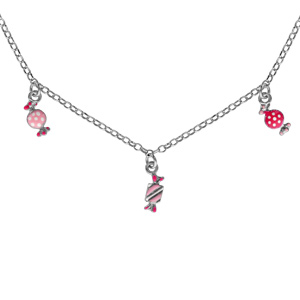Collier pour enfant en argent rhodié chaîne avec 3 pampilles bonbons roses – longueur 37cm + 3cm de rallonge