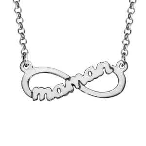 Collier en argent rhodié chaîne avec pendentif symbole infini avec découpe « maman » au centre – longueur 40cm + 5cm de rallonge