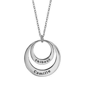 Collier en argent rhodié chaîne avec pendentif 2 anneaux prénom à graver – longueur 40cm + 5cm de rallonge