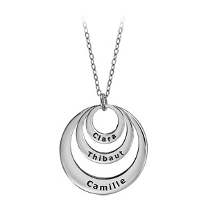 Collier en argent rhodié chaîne avec pendentif 3 anneaux prénom à graver – longueur 40cm + 5cm de rallonge