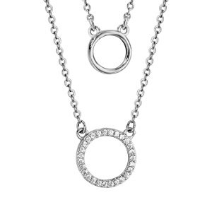 Collier en argent rhodié 2 chaînes avec pendentifs anneaux, 1 petit lisse et l'autre orné d'oxydes b