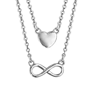 Collier en argent rhodié 2 chaînes avec pendentifs, 1 coeur lisse et 1 symbole infini - longueur 42c
