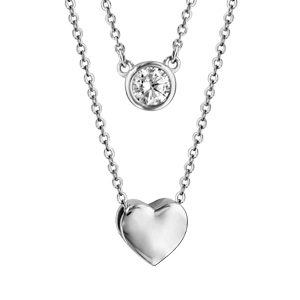 Collier en argent rhodié 2 chaînes avec pendentifs, 1 oxyde blanc serti clos et 1 coeur lisse – longueur 42cm + 3cm de rallonge