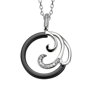collier en argent rhodié chaîne avec pendentif rond en céramique noire avec 3 vagues dont 1 ornée d'oxydes blancs sertis - longueur 42cm + 3cm de rallonge