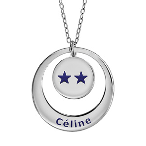 Collier en argent rhodié chaîne avec pendentif anneau et médaille à graver – Champions du monde 2 étoiles avec gravure prénom