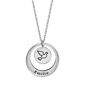 Collier en argent rhodié chaîne avec pendentif anneau et médaille prénom ou logo à graver – longueur 40cm + 5cm de rallonge