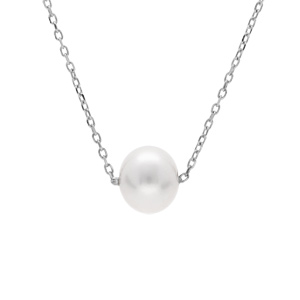 Collier en argent rhodié chaîne boule avec pendentif perle de culture d’eau douce blanche longueur 41+5cm