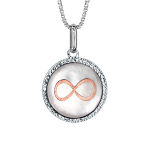 Collier en argent rhodié chaîne avec pendentif rond de 14mm en nacre blanche véritable avec symbole 