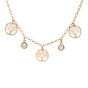 Collier en argent et dorure jaune 3 pampilles rondelles arbre de vie et 2 oxydes blancs sertis clos 40 + 5 cm